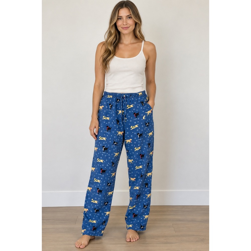 LL Bean Flannel Pajama Pants Blue Labrador Dog Snowflake Sleepwear Womens MP